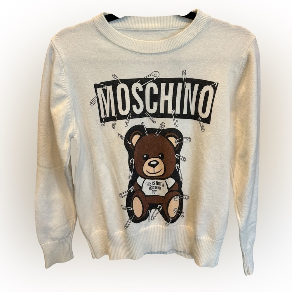 Moschino Cream Sweater with Bear and Safety Pins size S